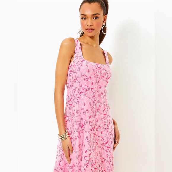 NWT Lilly Pulitzer Calina Linen Flamingle Garden Print Midi Dress Size 10 - Picture 2 of 9